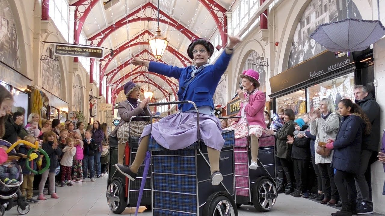 Granny Turismo shopping trolly dance routine in Inverness Victoria Market, Scotland, Oct 2017