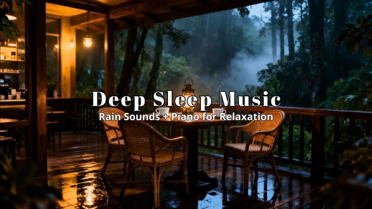 Relaxing Music with Rain Sounds & Piano in Rainforest Cafe Garden Veranda for Deep Sleep