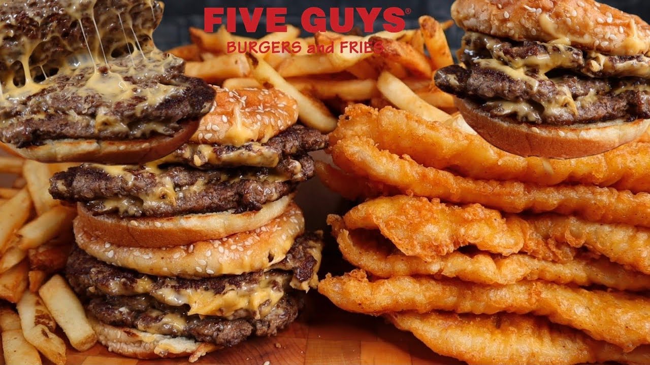 ASMR Five Guys Triple Cheese Burgers, Fish & Chips Mukbang