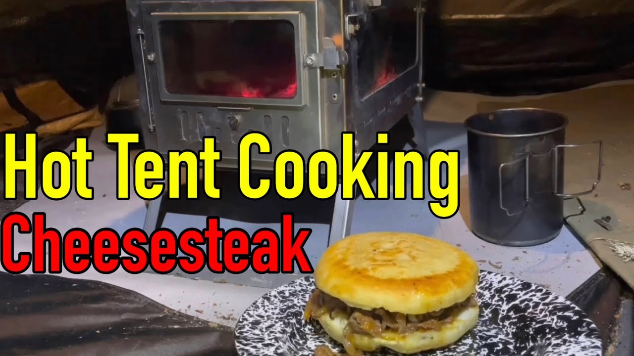 Hot Tent Cooking Making Cheesesteak w Bannock Bread Bun