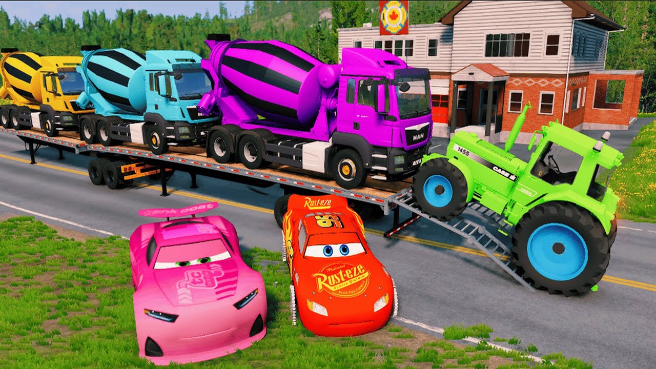 TRANSPORTING PIXAR CARS & FRUITS WITH COLORED & JOHN DEERE vs CLAAS vs TRACTORS - BeamNG.drive #983