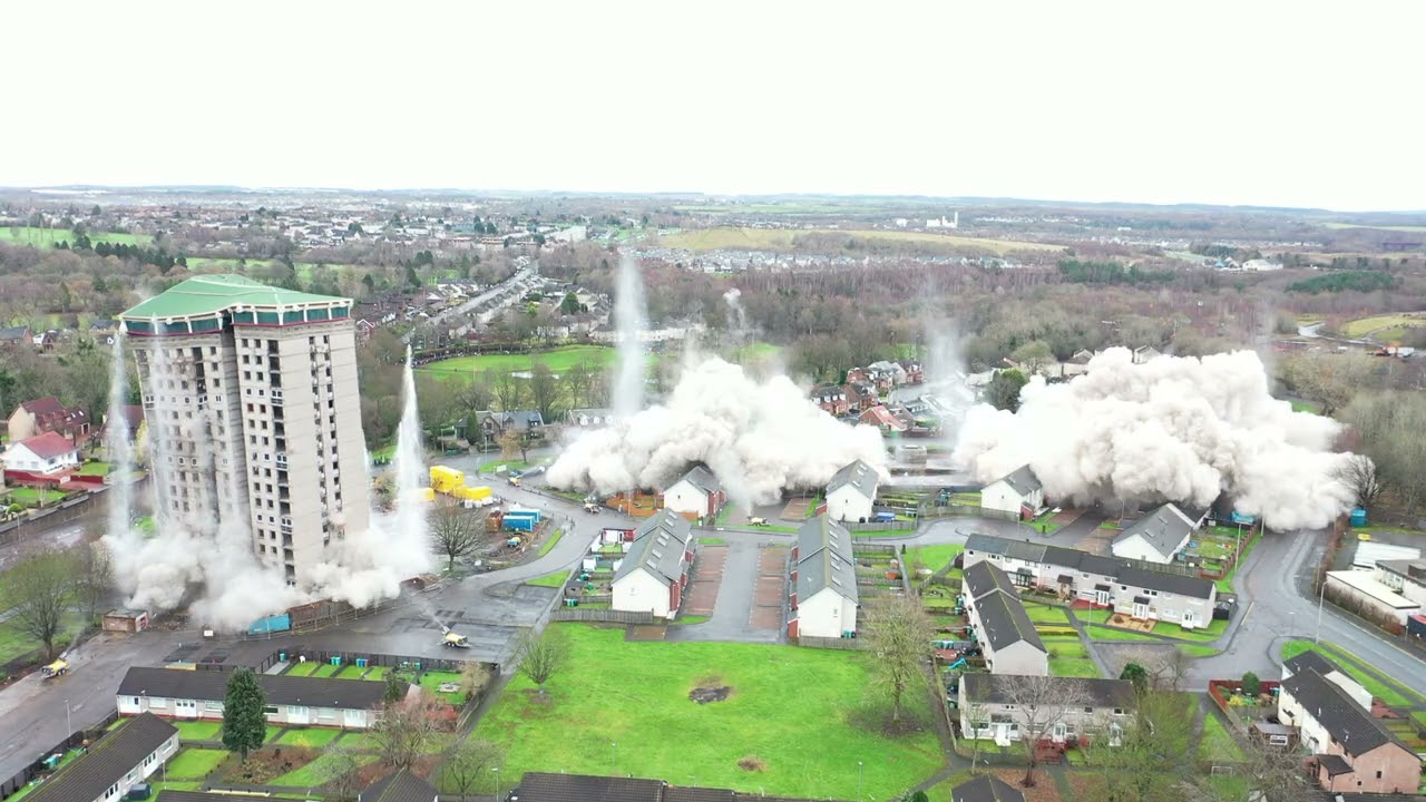 Spectacular Demolition: 3 Towers Come Down in Seconds! (Motherwell, Scotland)