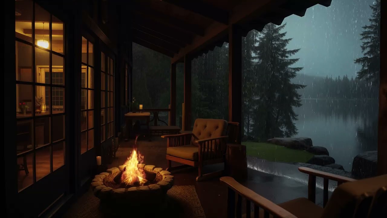 Soothing Night Rain for Deep Sleep | Cozy Cabin Porch with Warm Firelight & Quiet Rainy Forest