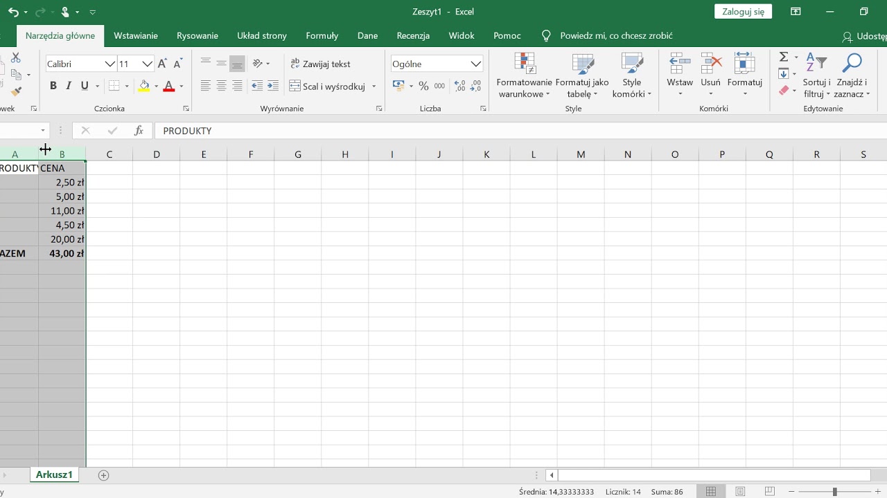 Excel - sumowanie cen brutto i netto