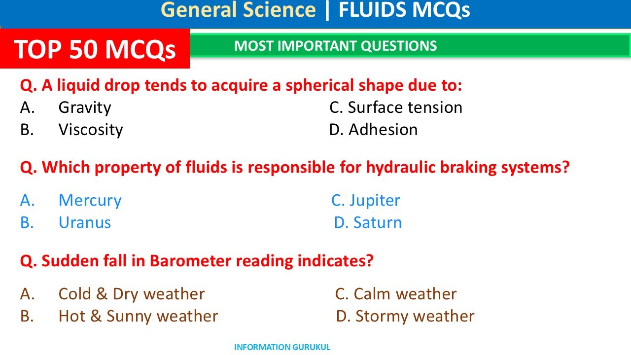 Fluid Mechanics MCQs | Properties of Fluids | Physics MCQs | Science GK | Science MCQs