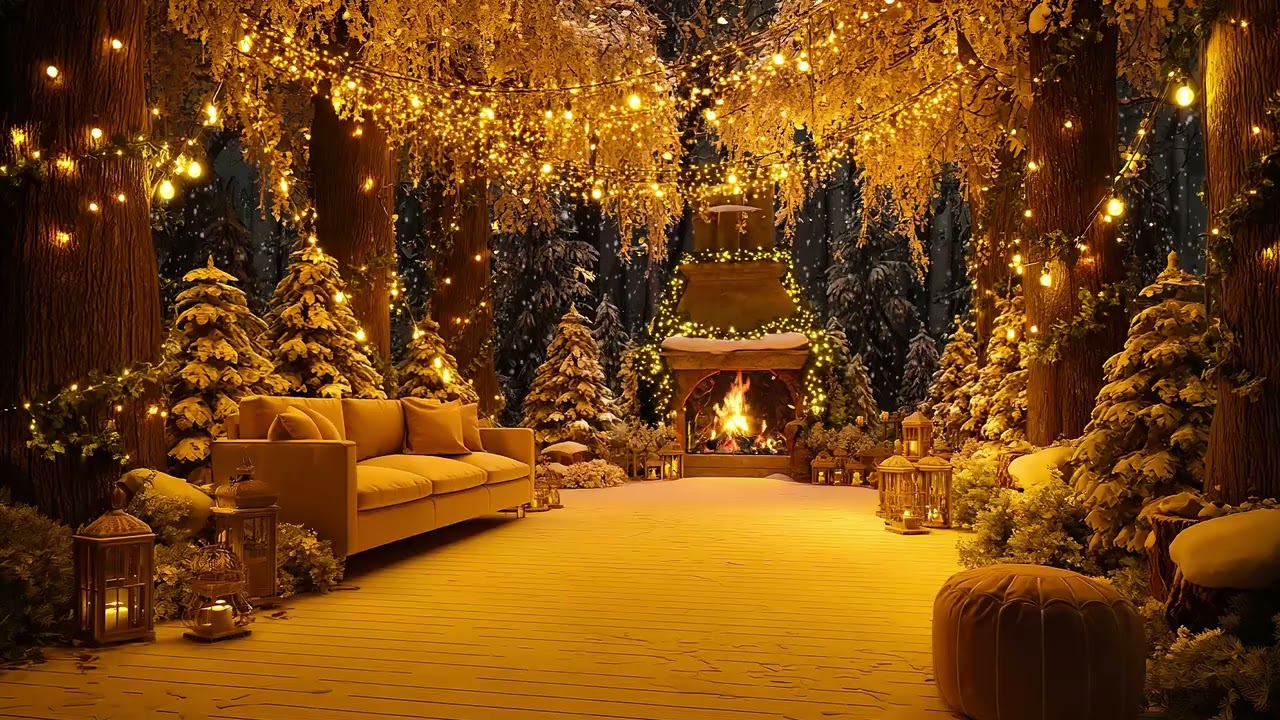 Christmas Comfort Ambience 🎄 Relaxing Music with Snow Falling and Fire Crackling 🔥