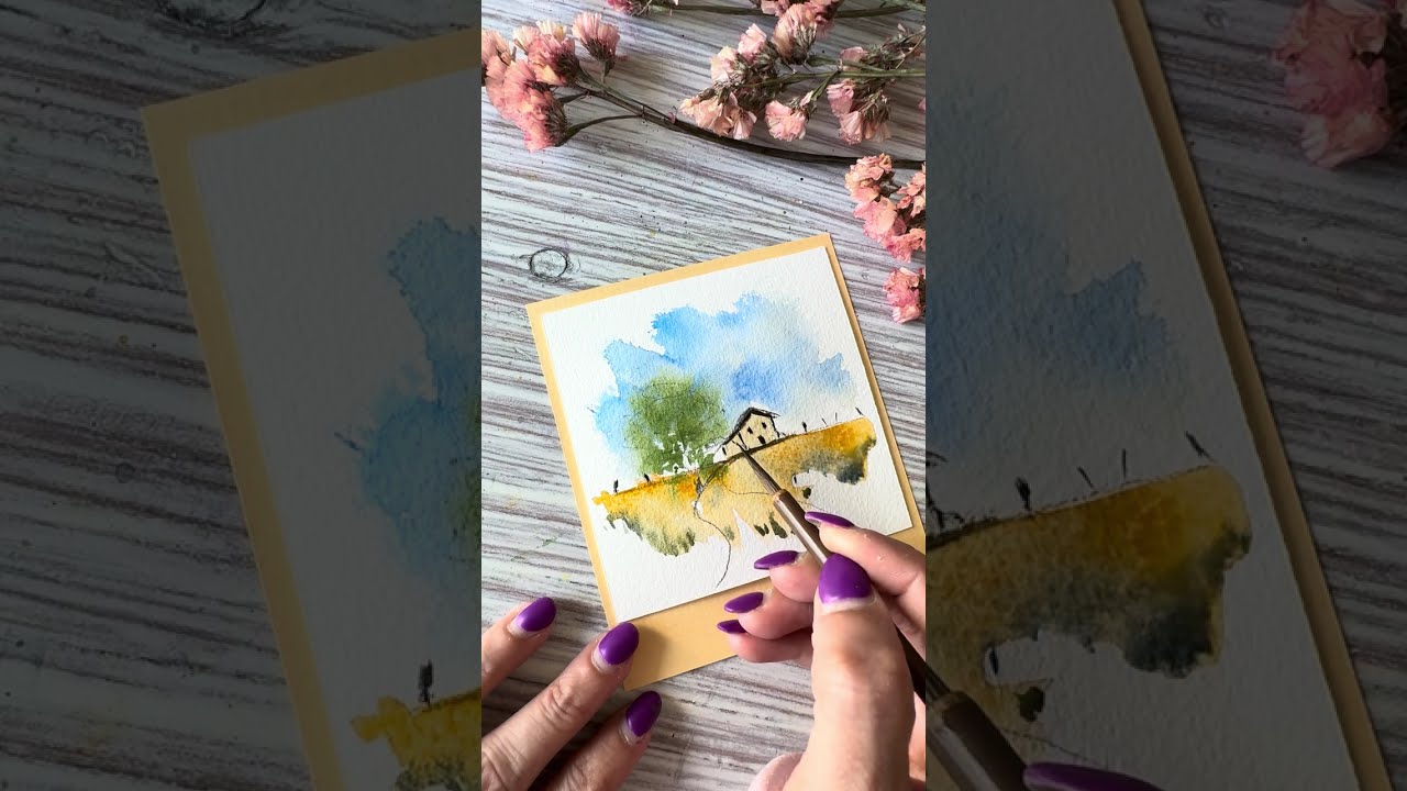 STEP BY STEP , easiest tiny landscape painting with watercolor. trees and house