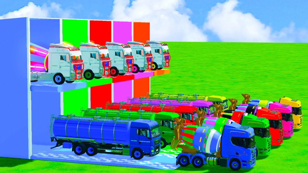 Garage with Colors - ALL MIXER TRUCK WITH DOUBLE FLATBED TRAILER TRUCK, MAN, MERCEDES, SCANIA - FS22