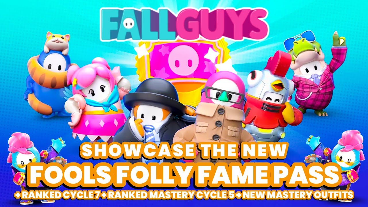 Fall Guys. • Showcase the new Fools Folly Fame Pass + Ranked Cycles + new Mastery Outfits. • 🆕️