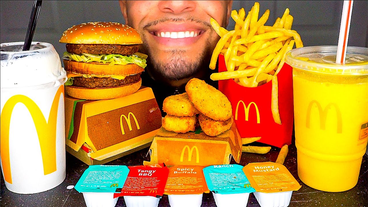 ASMR McDonalds Chicken Nuggets Oreo McFlurry Ice Cream BIG MAC Eating Fries Mukbang Jerry No Talking