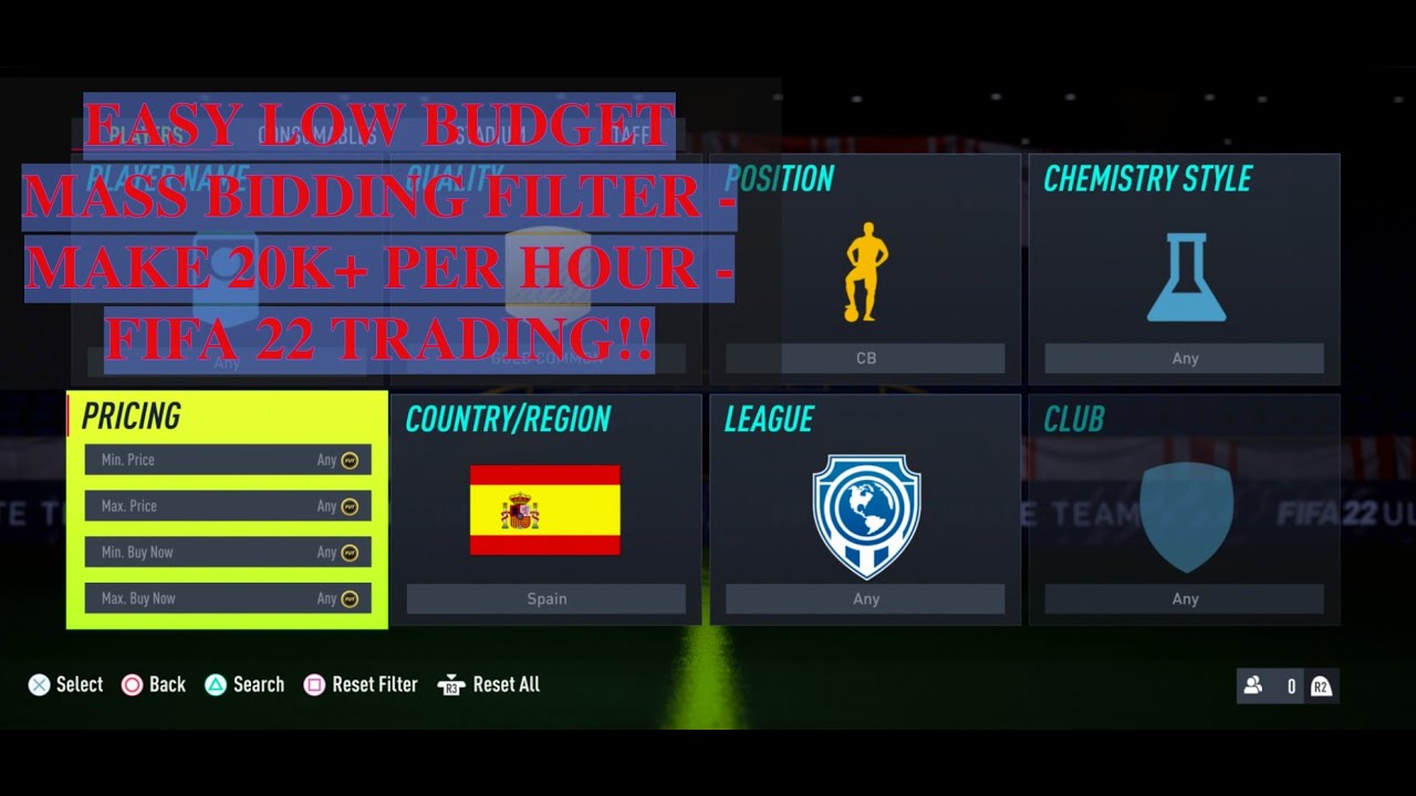 FIFA 22 TRADING TIPS - EASY LOW BUDGET MASS BIDDING FILTER - MAKE 20K+ PER HOUR - FIFA 22 TRADING!!