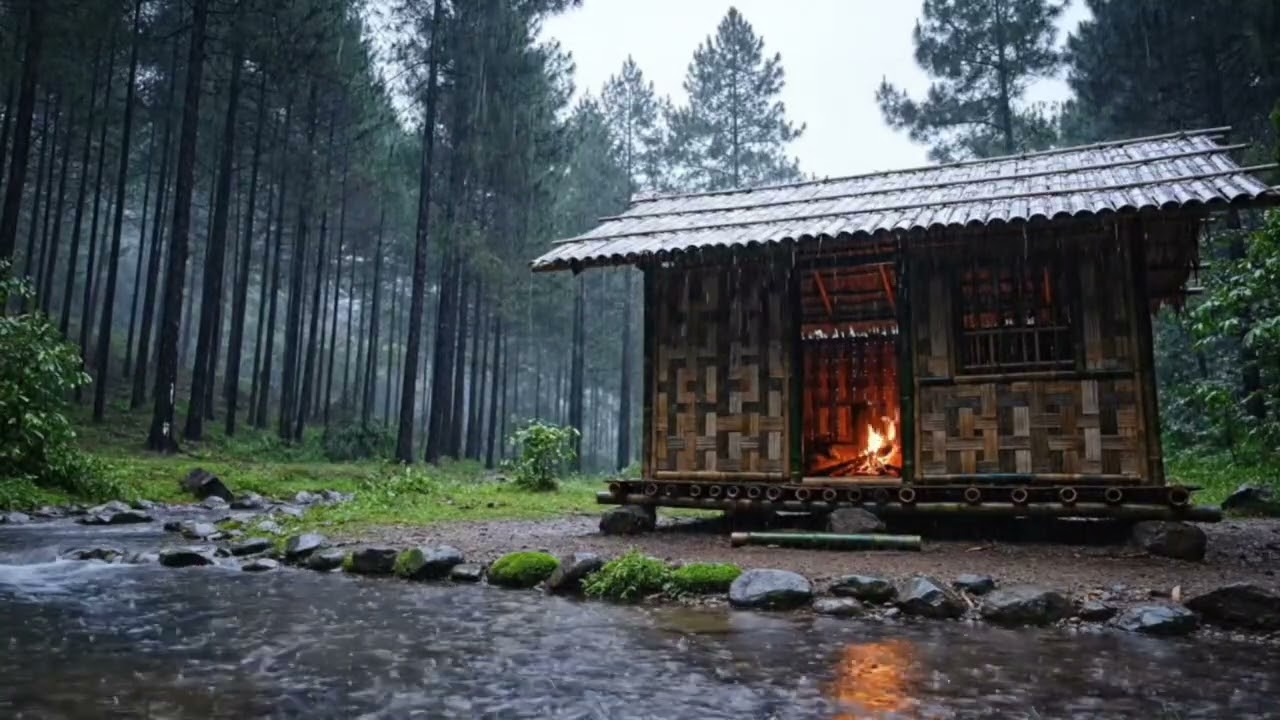 Peaceful Rainy Forest Cabin by the River with Warm Fireplace Ambience for Deep Sleep and Relaxation