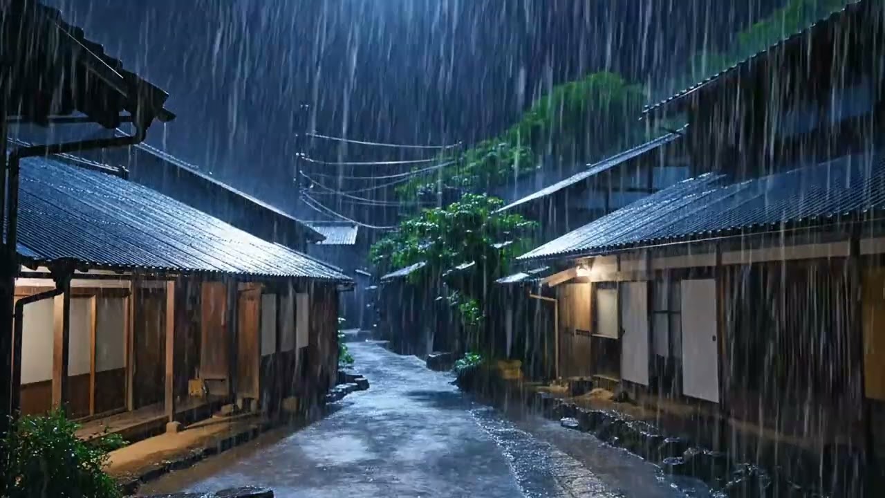 Relaxing and calming video of a village in heavy rain