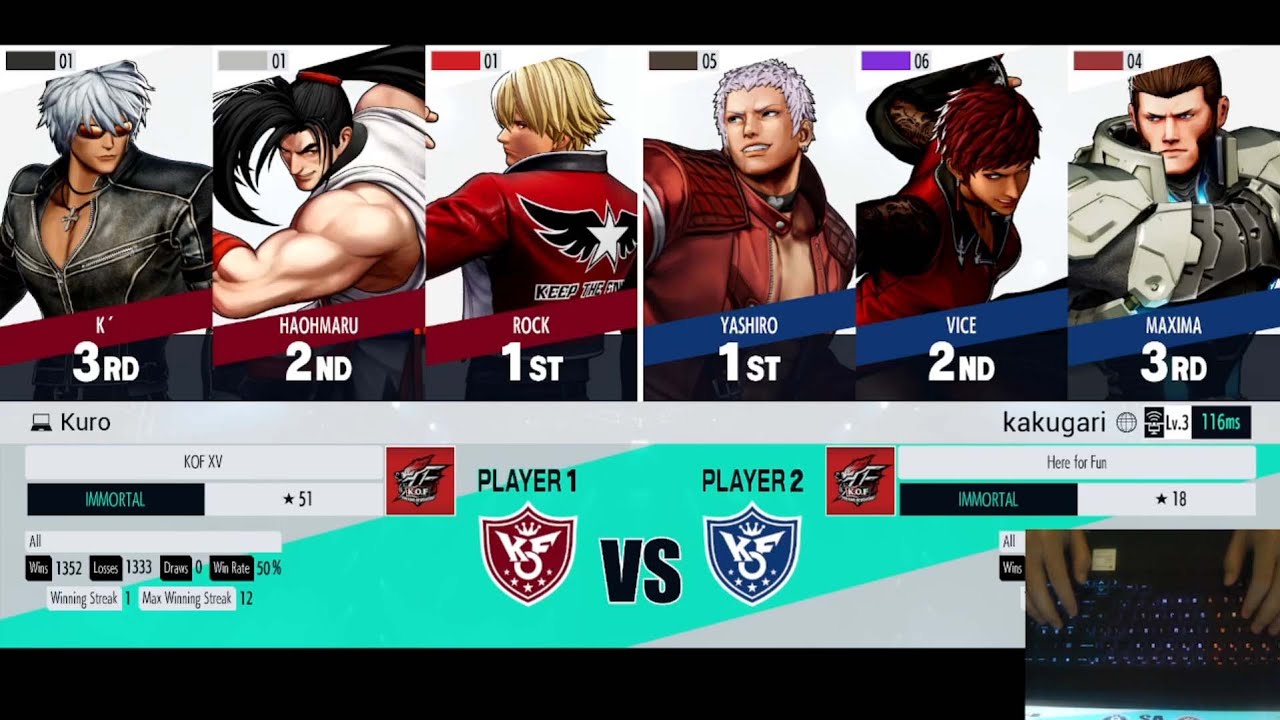 KOF XV Ranked | 2W |  Immortal 51 (me) vs Immortal 18 |  Rock, K, Haohmaru vs Yashiro, Vice, Maxima