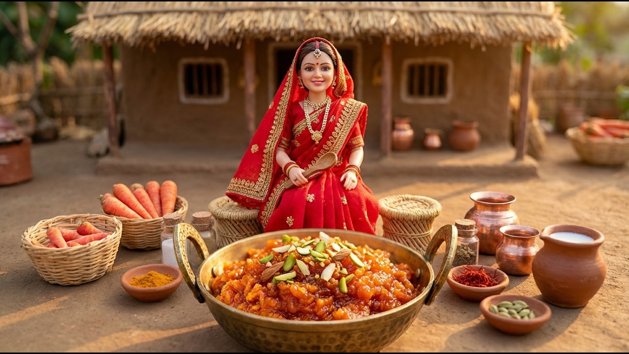 Miniature Doll Gajar Halwa Cooking ASMR | India Village Tiny Kitchen Sweet Dessert