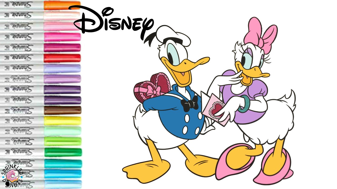 Раскраска Disney с Дональдом и Дейзи Дак ко Дню святого Валентина: сладости, Минни и Микки Маус.