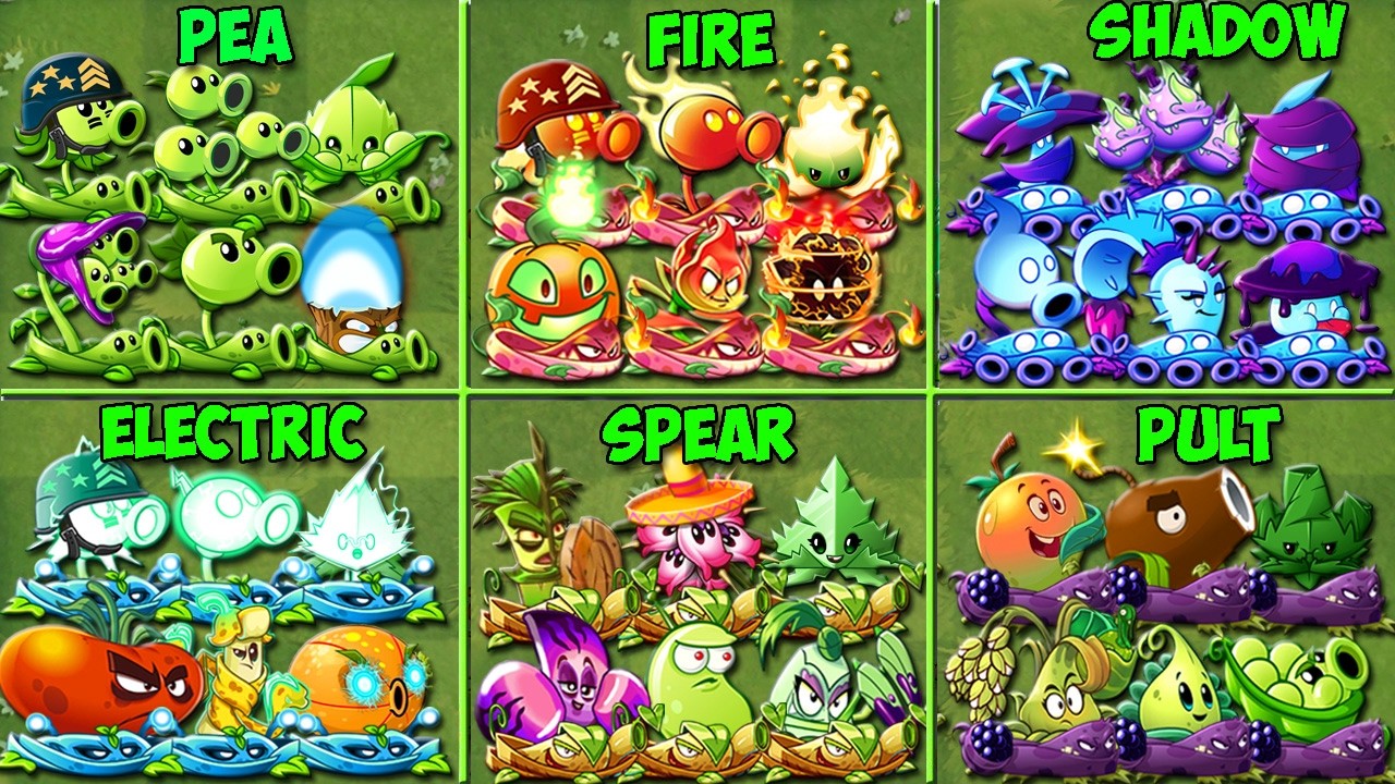 Pvz 2 - 6 Team Plants PEA x FIRE x PULT x ELECTRIC x SPEAR x SHADOW Battlez - Who Will Win? 