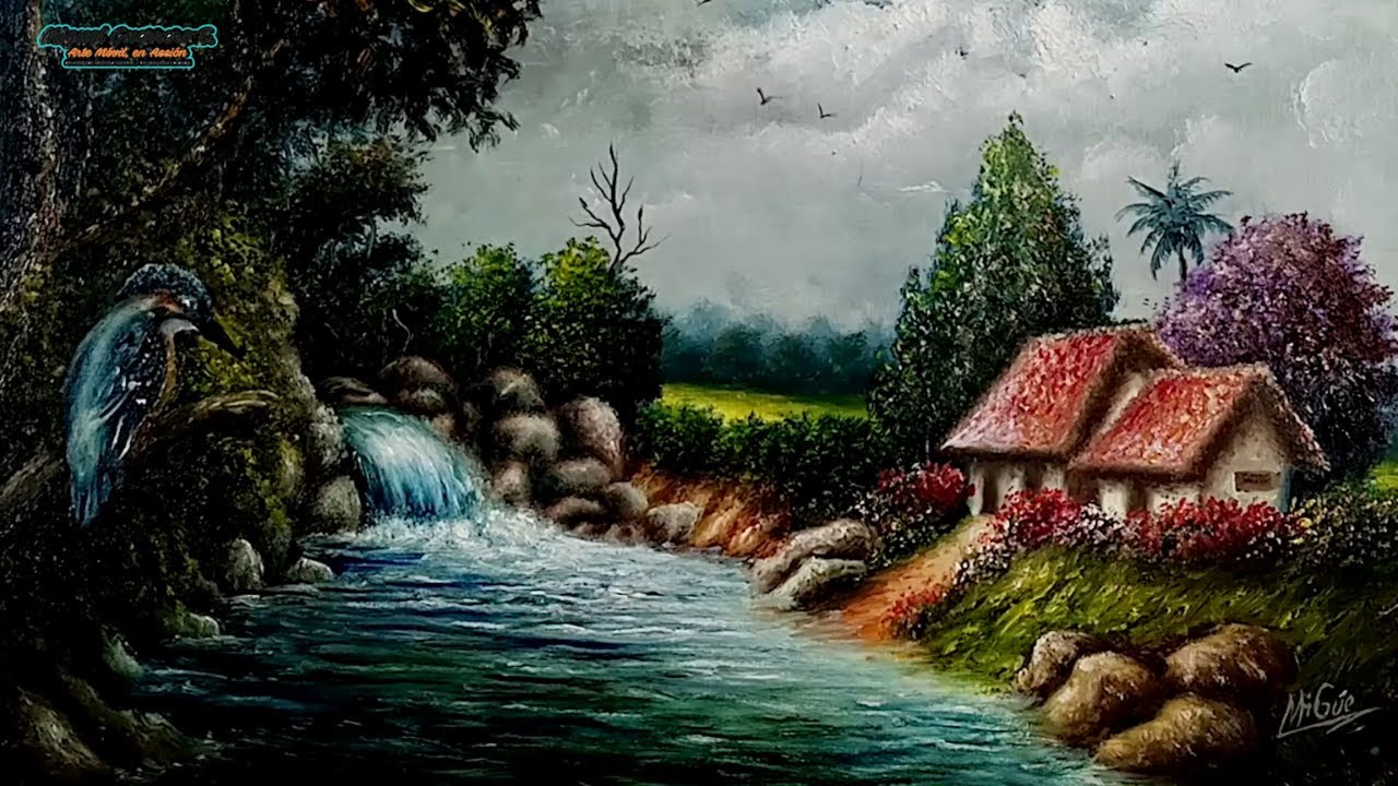 Pintar un paisaje con rio, es fácil y sencillo óleo  0016