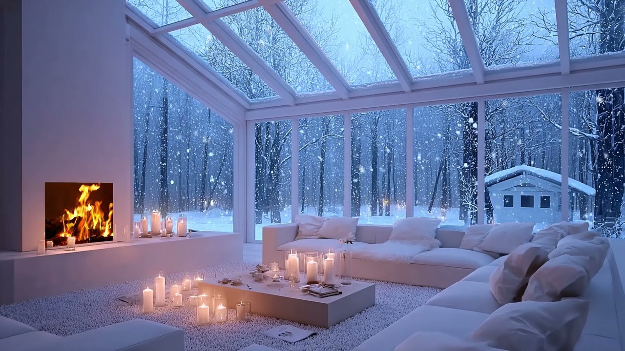 Cozy Warm Room with Gentle Snowfall Outside | Relaxing Piano Music, Winter Ambience for Sleep