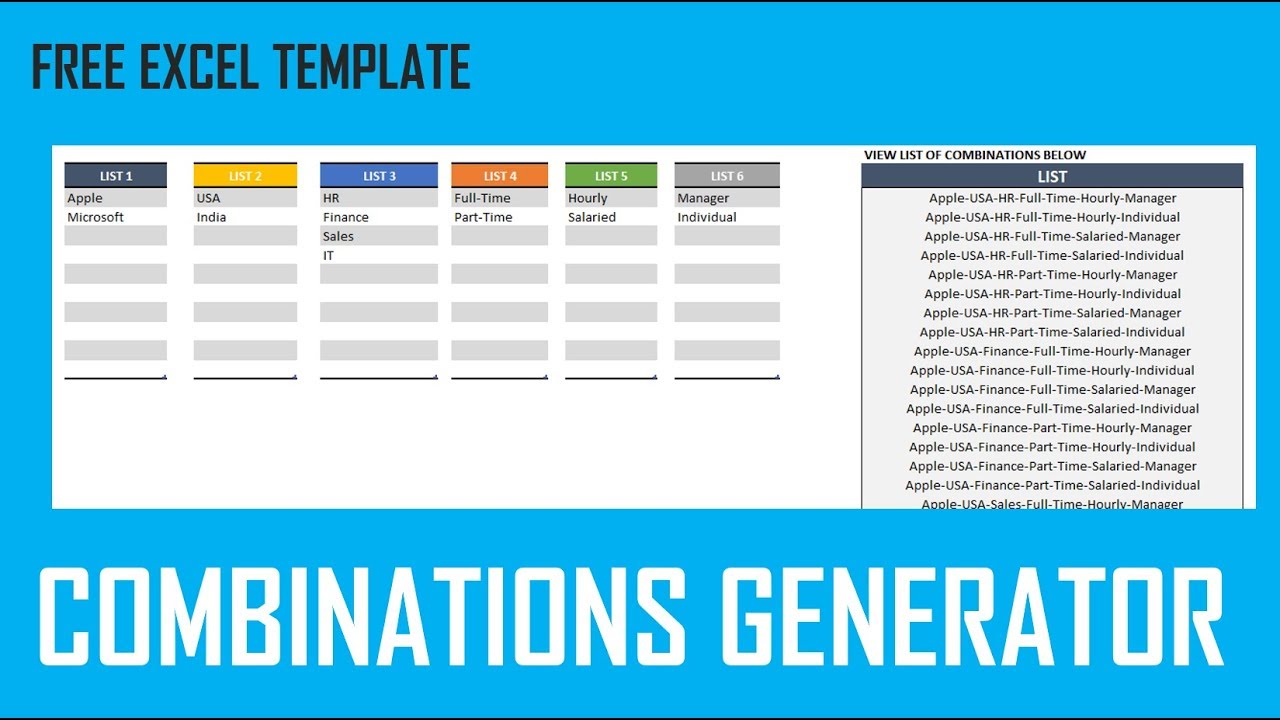 Combinations Generator - Free Excel Template
