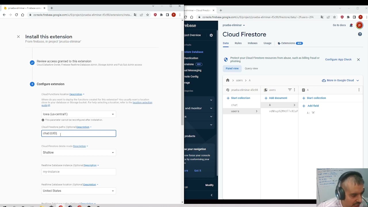 Firebase Extensions. Delete User Data
