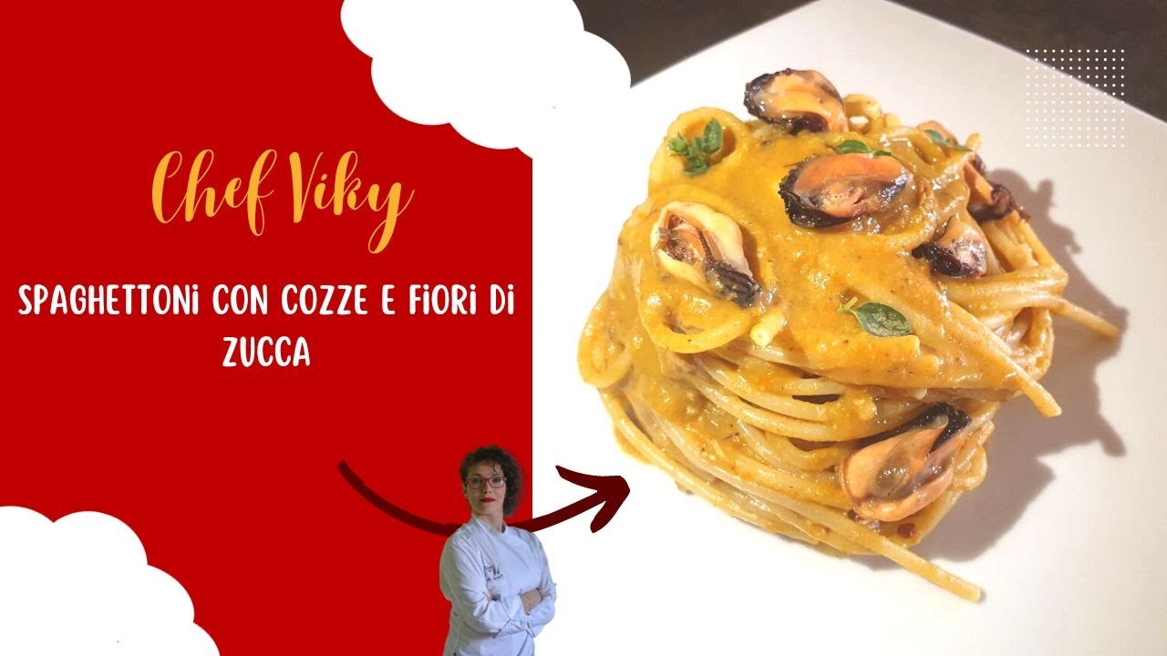 Spaghettoni alle cozze e fiori di zucca