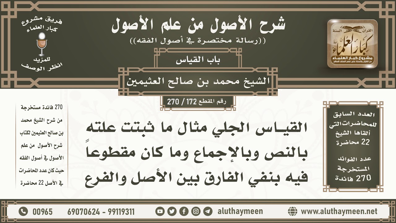 172 - 270 القياس الجلي مثال ما ثبتت علته بالنص وبالإجماع... - شرح الأصول من علم الأصول - ابن عثيمين