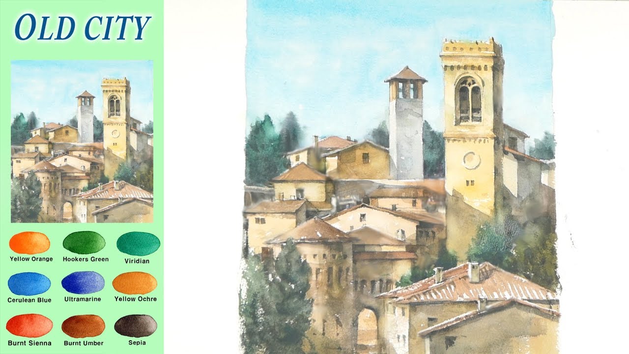основной Пейзажная акварель -   Старый город (sketch & coloring, Arches) NAMIL ART
