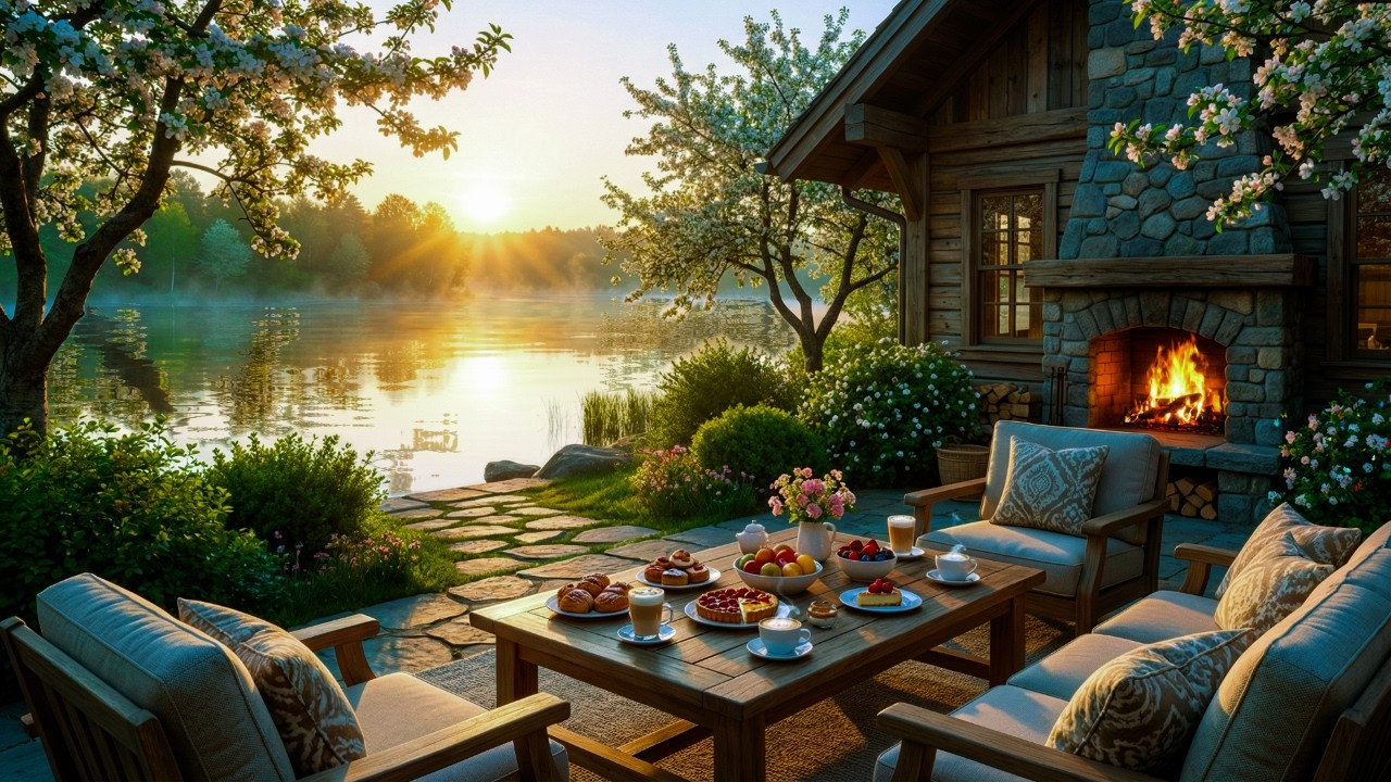 Scenic Lakeside Spring Morning Jazz ☕ Cozy Coffee Shop Ambience for Study and Relaxation