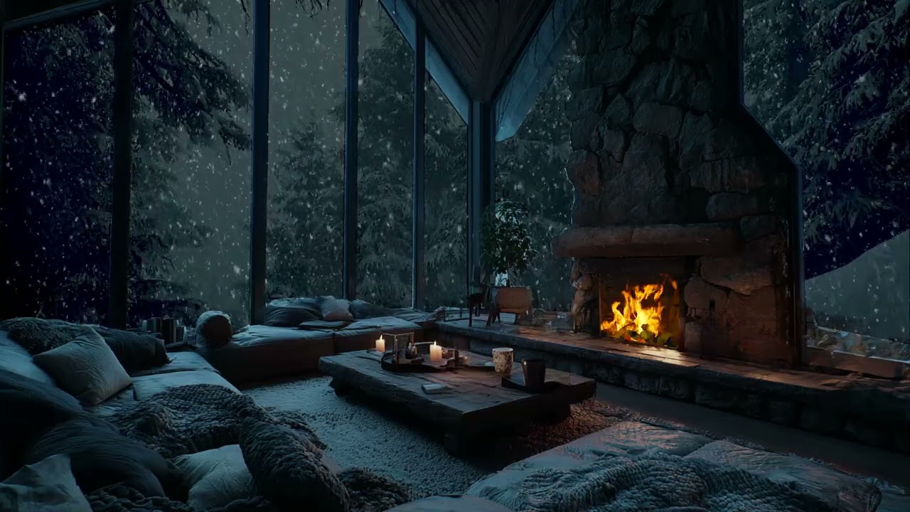 Dark Winter Blizzard Night at a Cozy Cabin with Crackling Fireplace for Deep Restful Sleep