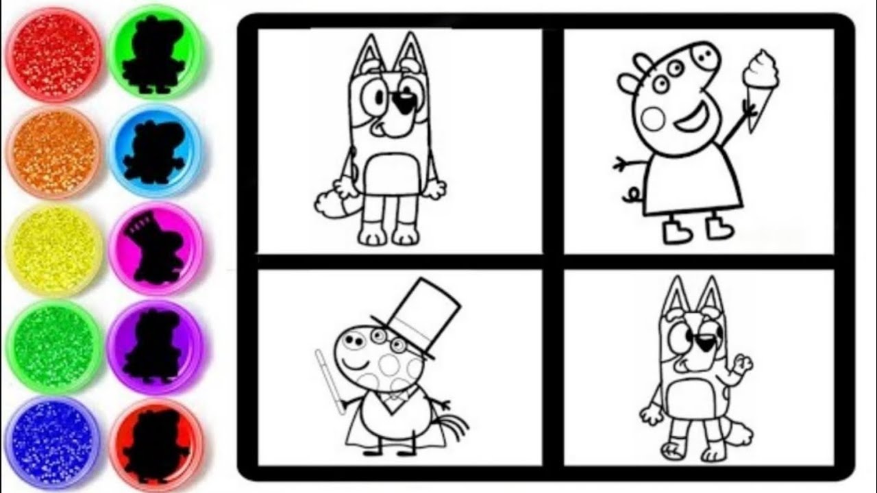 Drawing and colouring Bluey, Peppa pig, Bingo, Pedro pony 