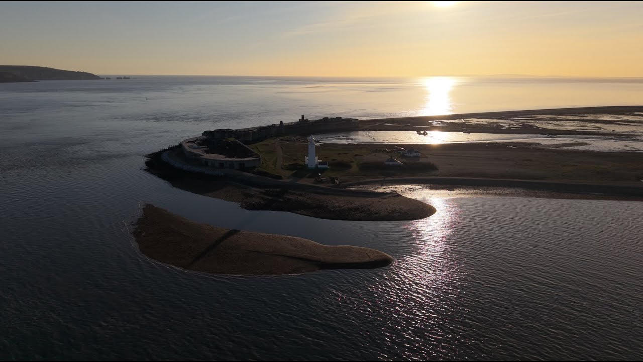 Stunning March 2025 sunset drone footage of Keyhaven, Hurst Castle, The Isle of Wight & The Needles