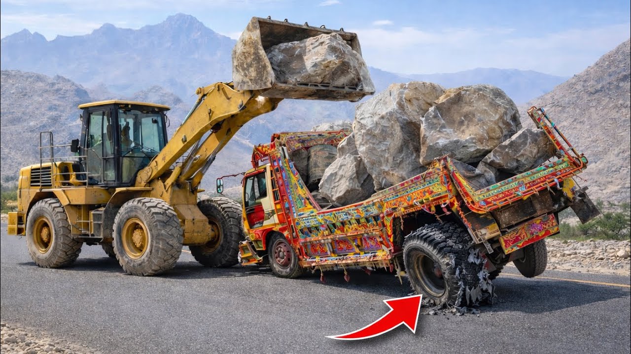 Overloaded Truck Almost Flips – Tyres Destroyed, Stones to Marble Factory 😱