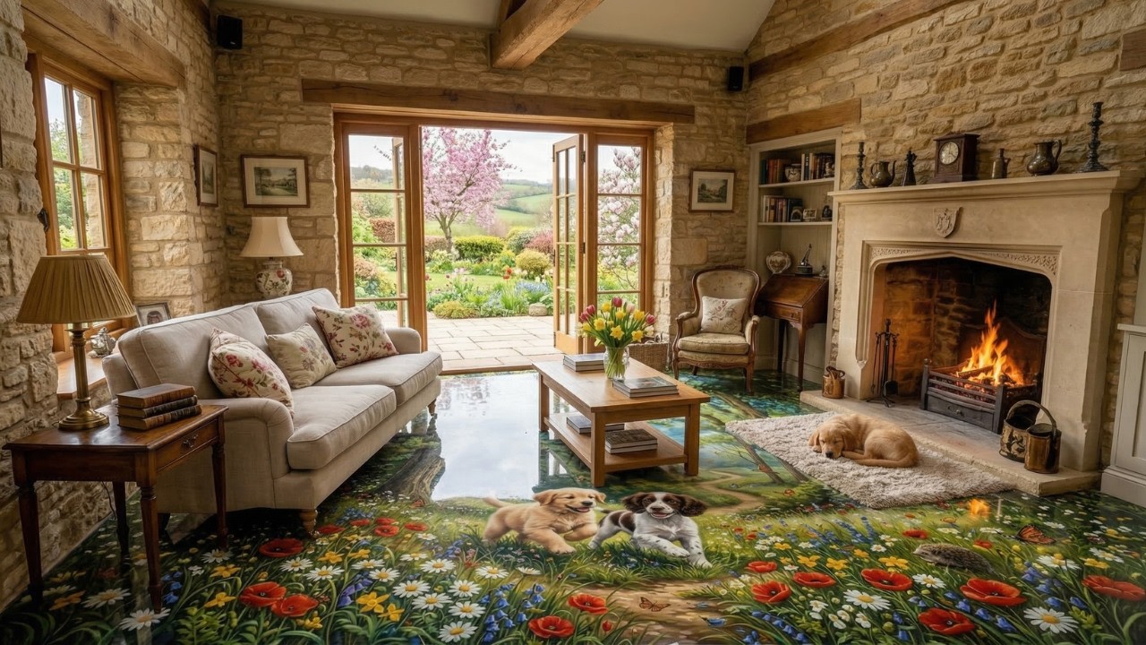 Cozy Spring Cottage Ambience — Fireplace Crackling, Epoxy Puppy Meadow Floor & Birdsong (Live)