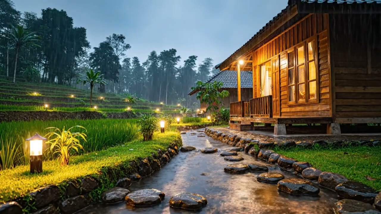 Rainy Night at a Cozy Wooden House by the Rice Terraces | Relaxing Rain Sounds ASMR