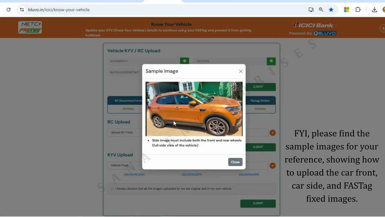 ICICI Bank FASTag KYV Procedure