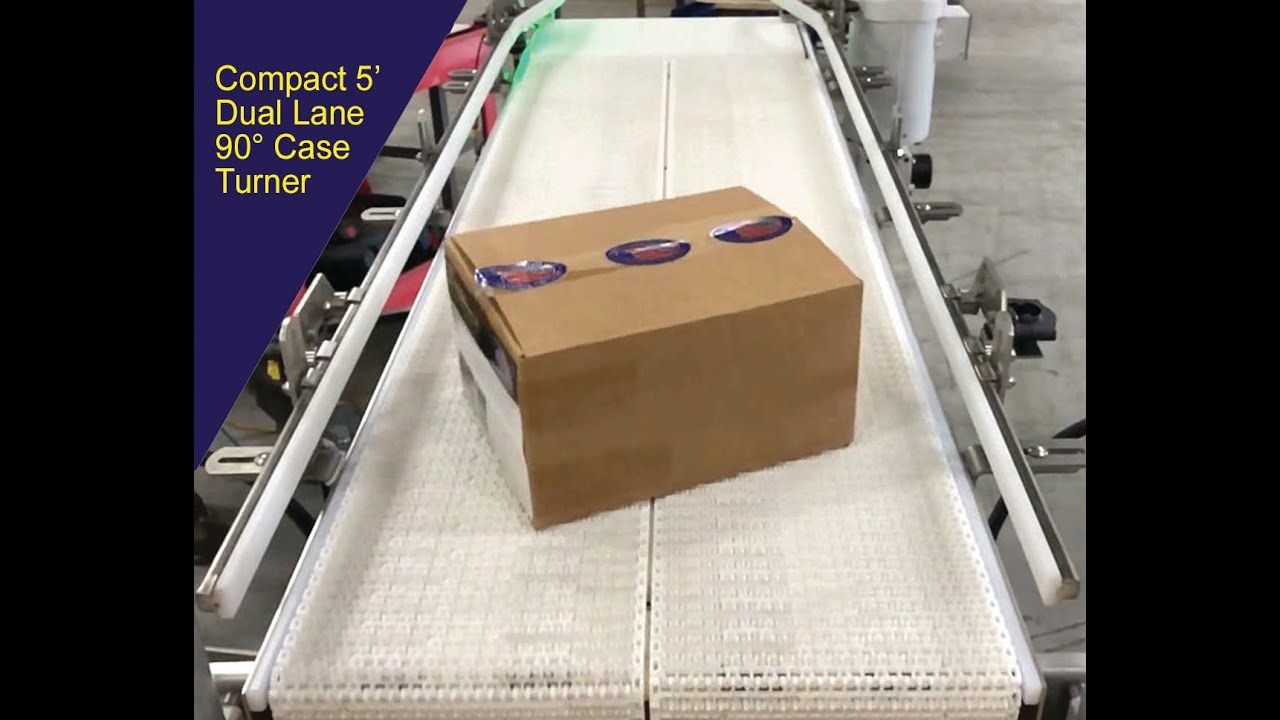 Compact Dual Lane 90° Case and Product Turner by Multi-Conveyor