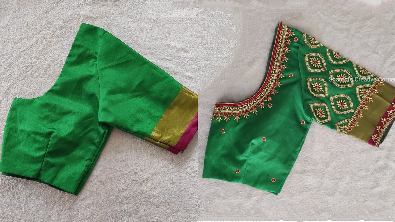 Beautiful bridal aari work using normal needle on stitched blouse | Green colour maggam work blouse