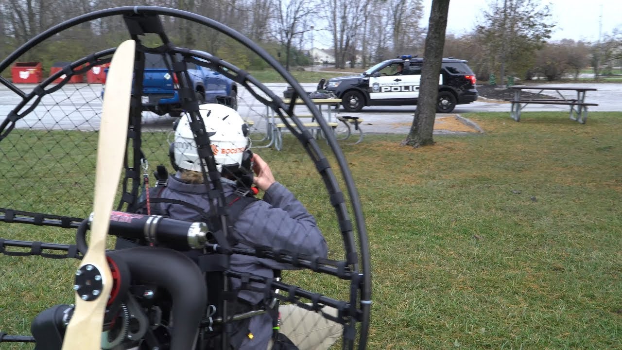 Paramotor noob tries to fly, failed launches, police, persistence pays off 6th flight 4k.