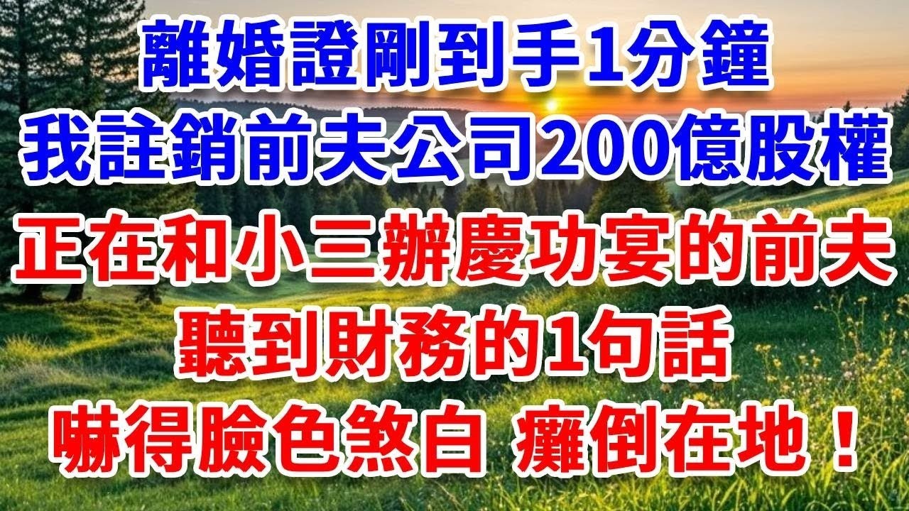 離婚證剛到手1分鐘，我註銷前夫公司200億股權，正在和小三辦慶功宴的前夫，聽到財務的1句話，嚇得臉色煞白，癱倒在地！#詩涵講故事#為人處世#生活經驗#情感故事#晚年哲理#說故事#完結文#原創故事