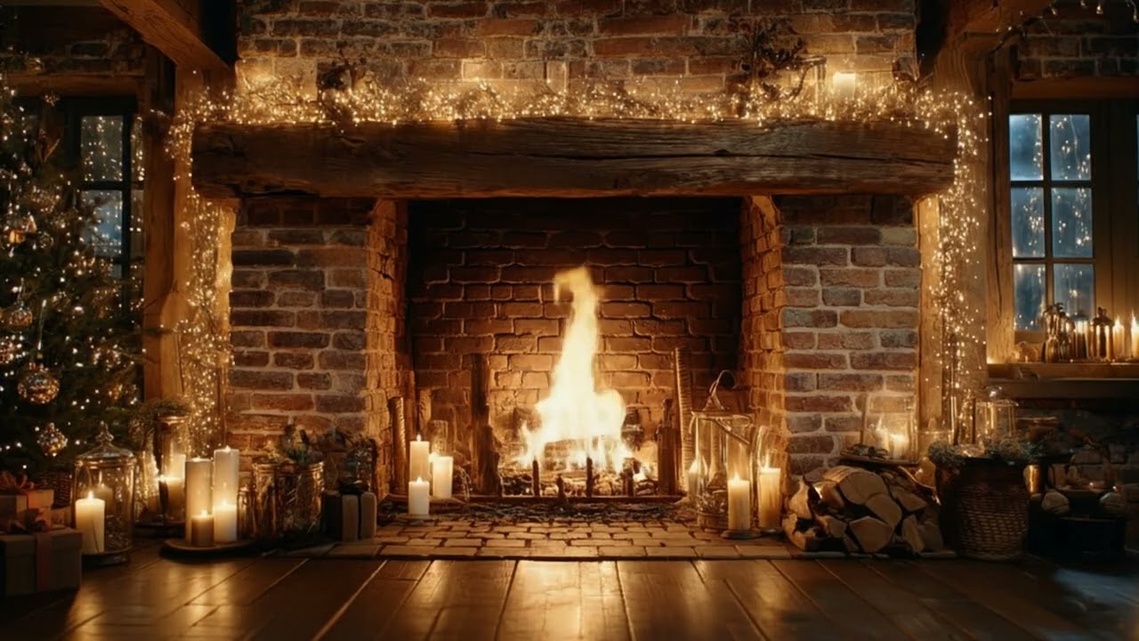 Traditional Brick Fireplace | Christmas Lights & Crackling Fire | 1 Hour Cosy Ambiance