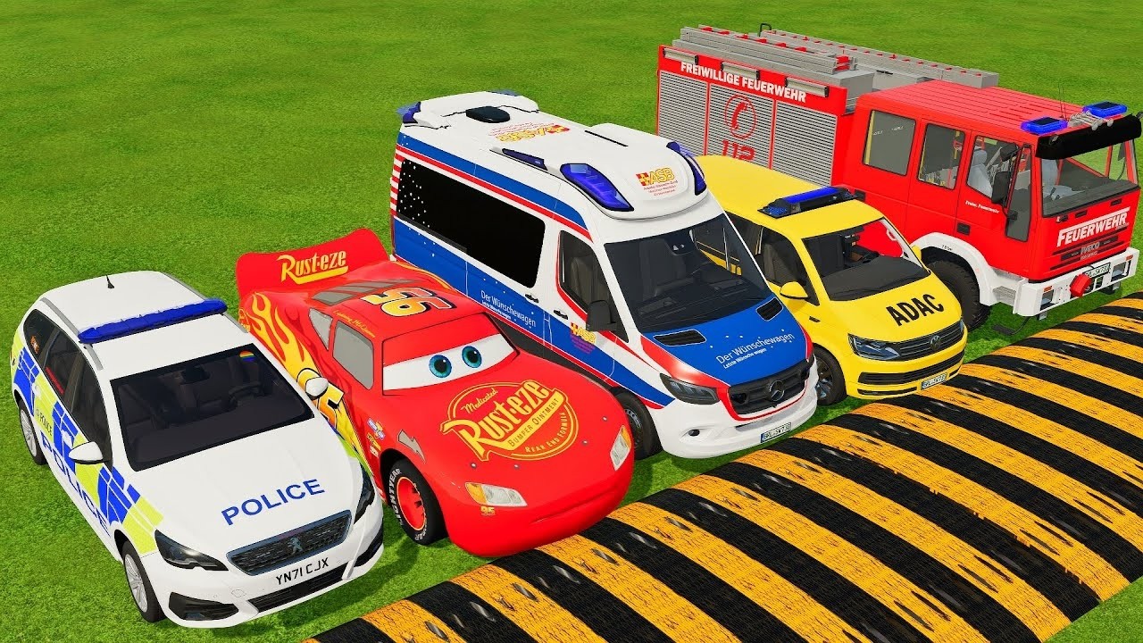 TRANSPORTING EMERGENCY CARS, AMBULANCE, POLICE CARS, FIRE TRUCK OF COLORS! WITH TRUCKS! - FS 22 #10