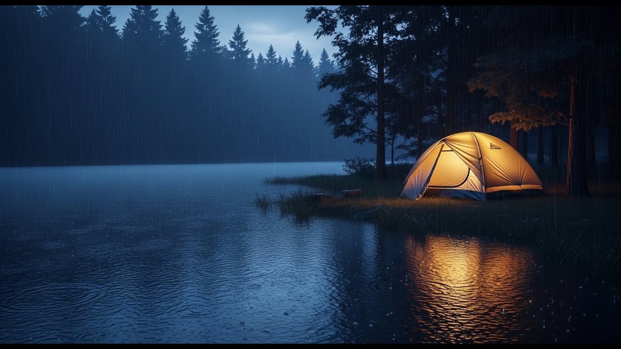 No Ads Lakeside Rain & Forest Night | Tent Ambience for Sleep | Distant Thunder