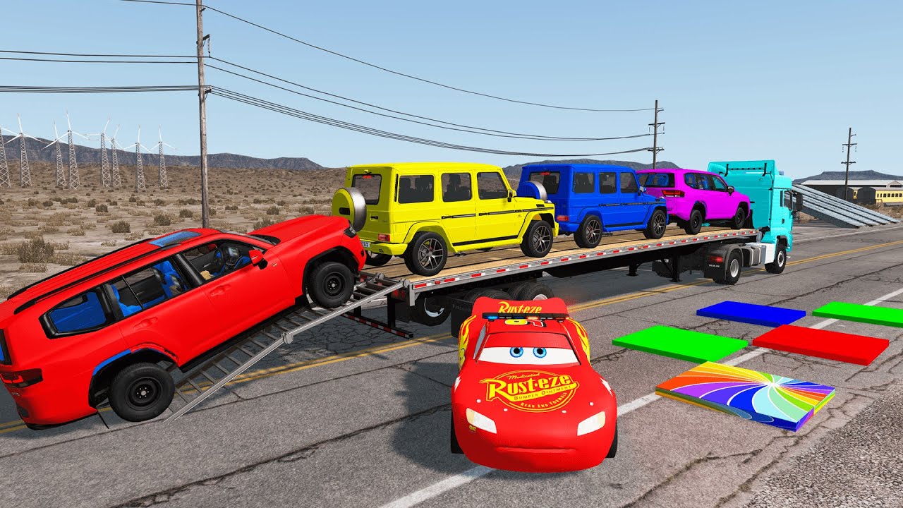 TRANSPORTING PIXAR CARS & FRUITS WITH COLORED & JOHN DEERE vs CLAAS vs TRACTORS - BeamNG.drive #983