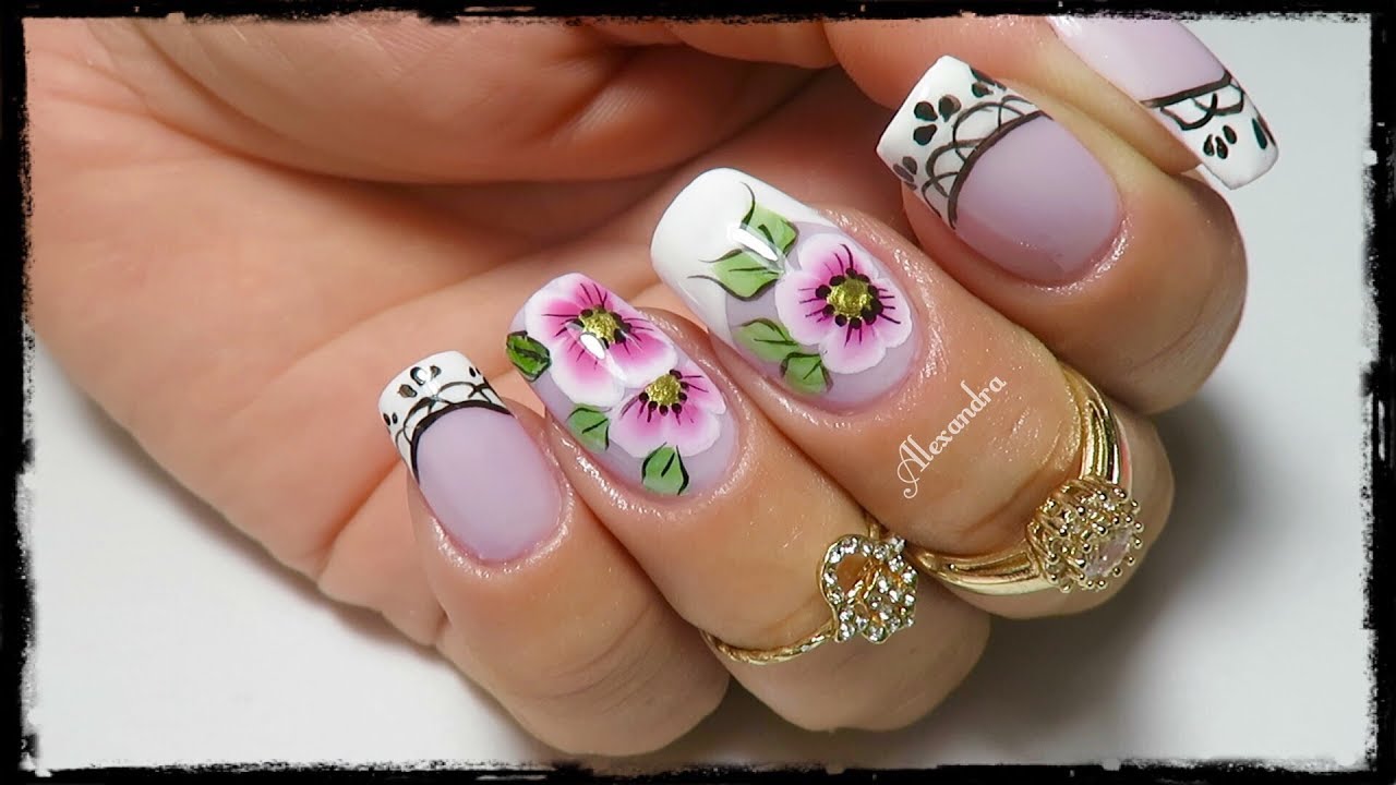 Unhas decoradas flor carga dupla matizada francesinha sorriso e babadinho