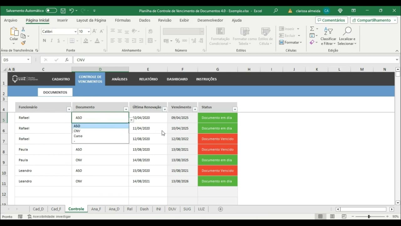 Planilha de Controle de Vencimento de Documentos 4.0
