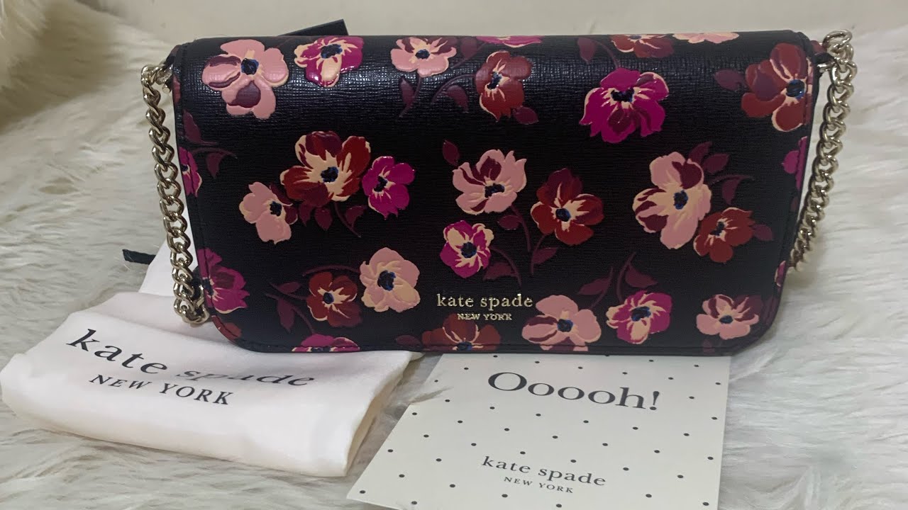 Kate Spade Devin Fall Poppies Flap Chain Wallet Black Multi unboxing