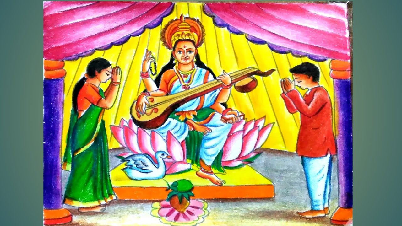 Saraswati devi drawing step by step/Saraswati puja scenery easy drawing