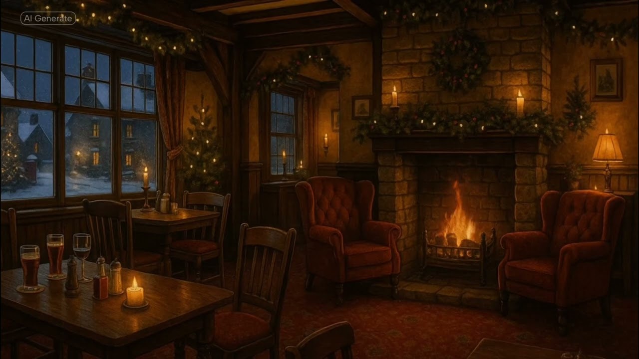 “Cozy British Pub Fireplace Ambience – Christmas Hearth & Snowy Village View” WITH music