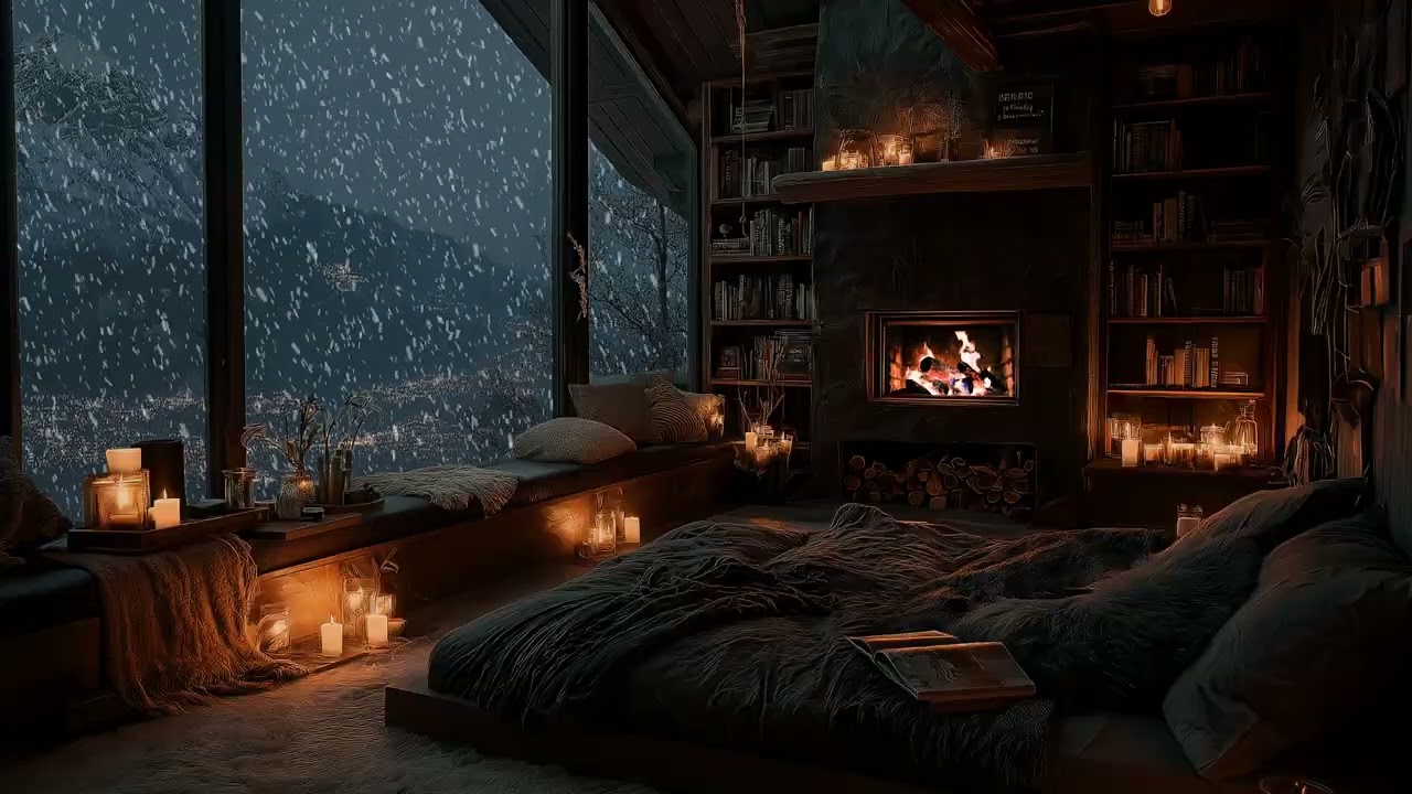 (No Ads) Fireplace Glow and Cold Winter Wind | Peaceful Night Ambience for Deep Sleep